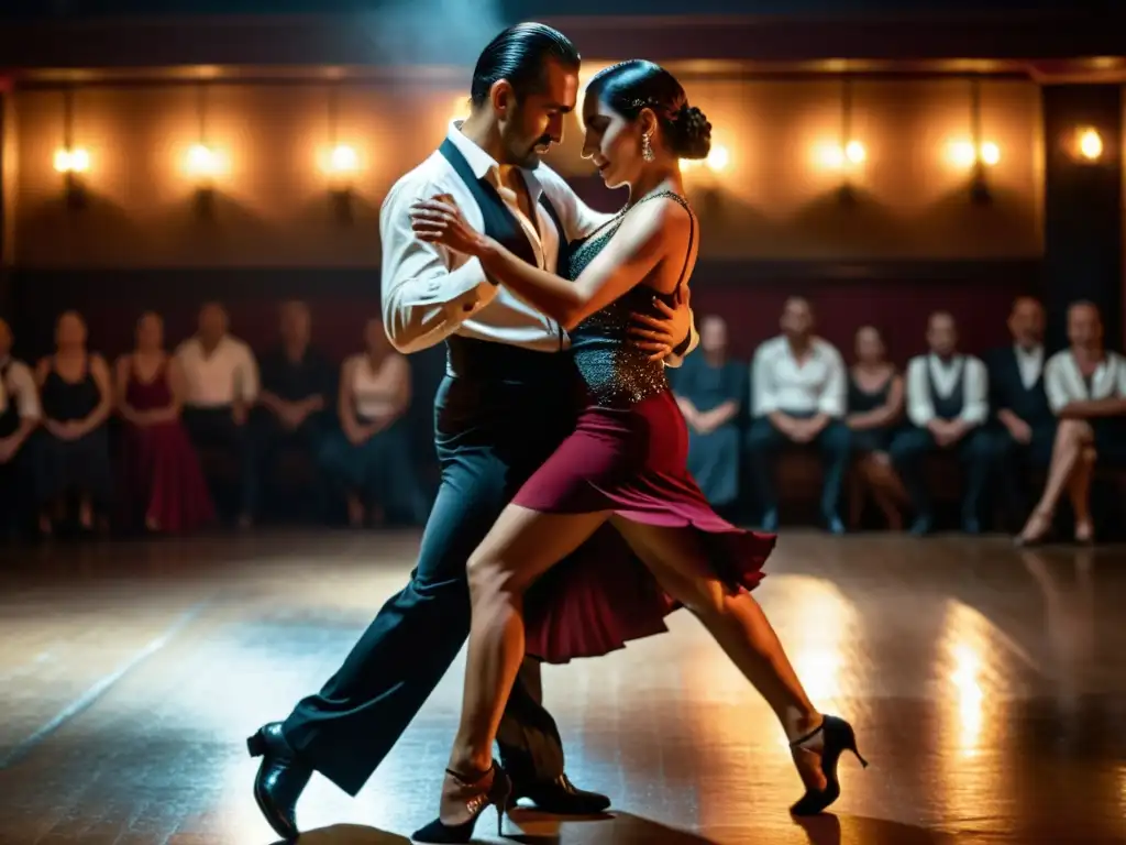 Una pareja de tango en trajes tradicionales argentinos baila apasionadamente en una milonga atmosférica