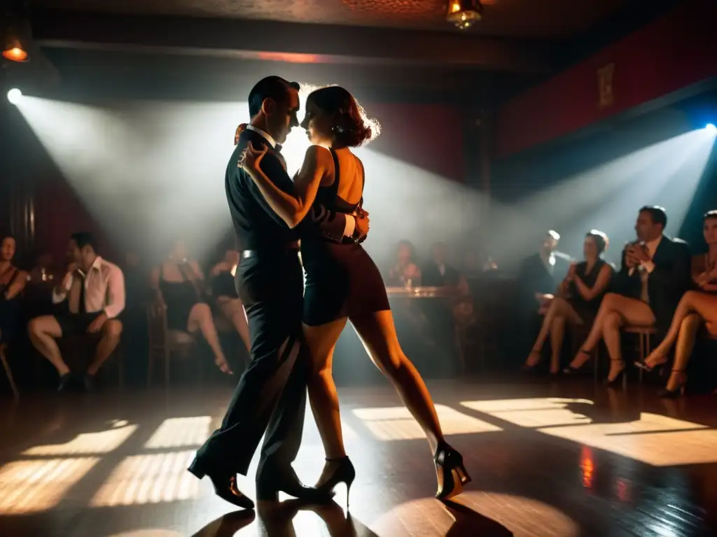 'Pareja tanguera abrazada en una milonga de Buenos Aires, reflejando el significado cultural del tango argentino en un ambiente de misterio y pasión