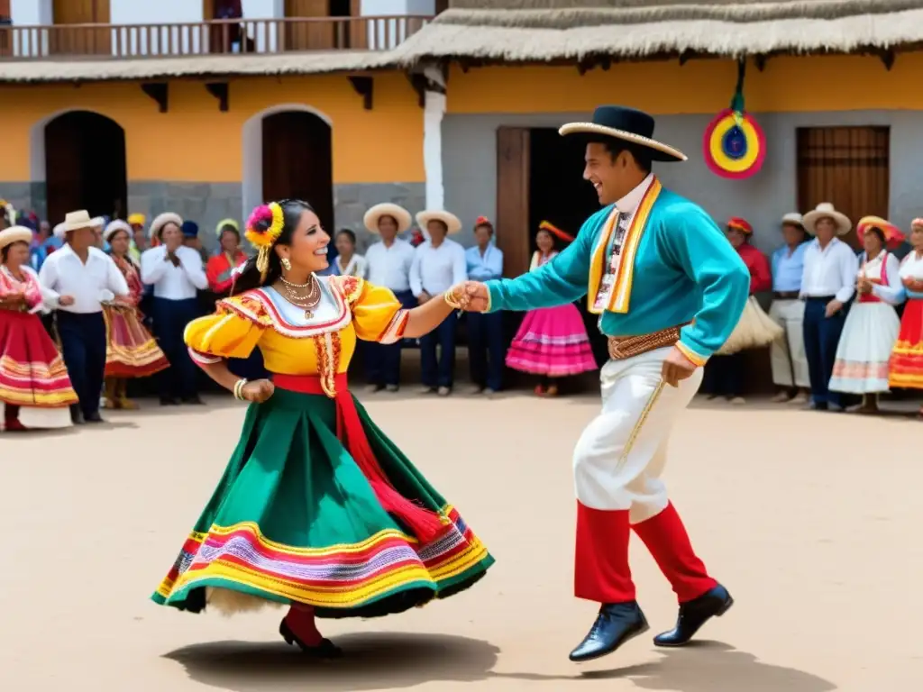 Marinera Peruana: Baile y Color en Alta Resolución Una pareja ejecuta la tradicional Marinera Peruana, con trajes vibrantes y expresión apasionada, mientras el público disfruta