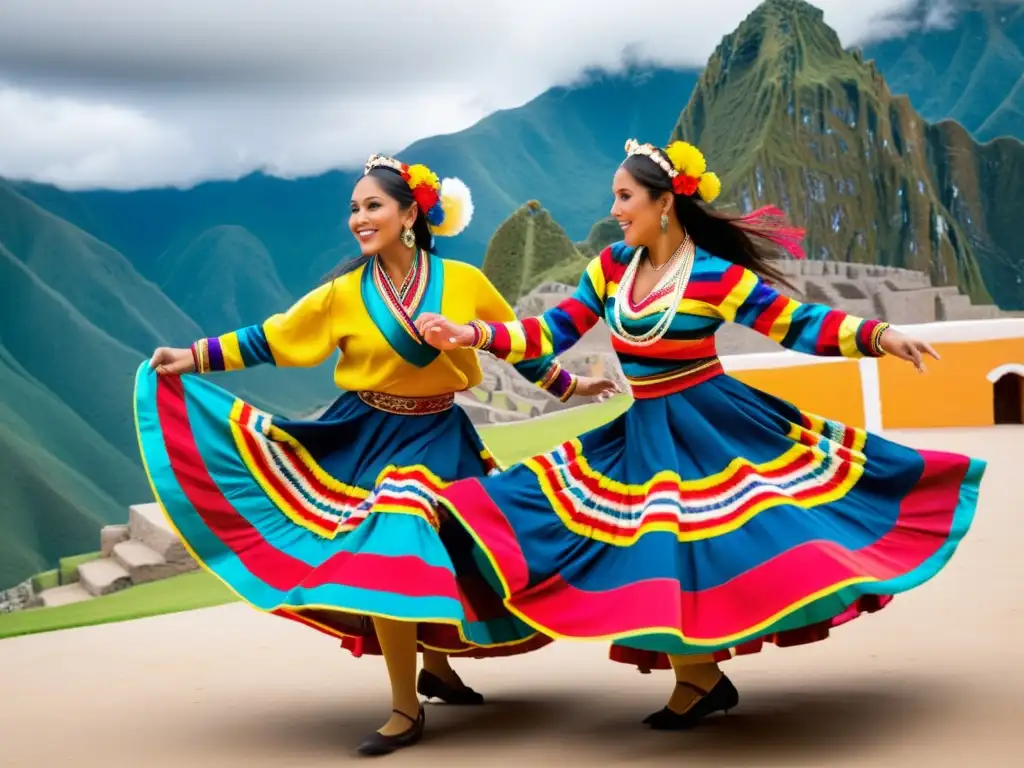 Una pareja baila la tradicional marinera peruana, con trajes coloridos y movimientos elegantes, enmarcados por elementos culturales peruanos