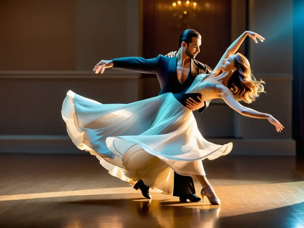 Una pareja baila vals con gracia y elegancia, capturando la atmósfera romántica y la belleza del baile