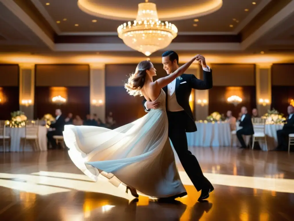 Una pareja bailando elegantemente un vals en una majestuosa sala de baile, iluminados por la luz de los candelabros