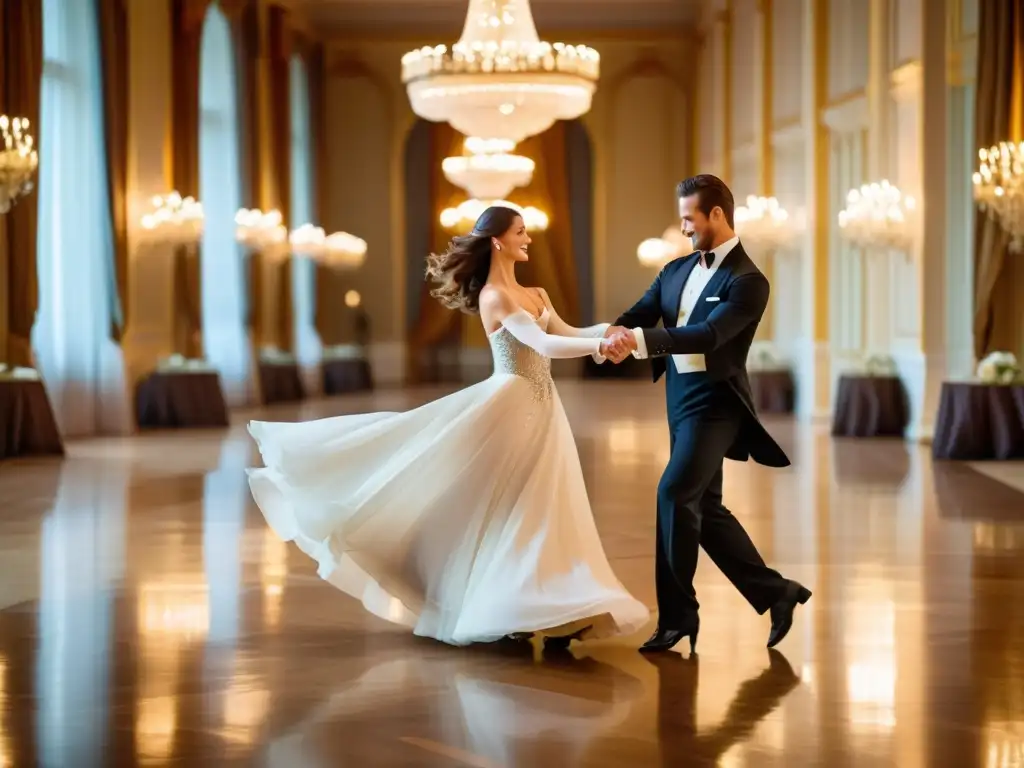 Una pareja baila elegantemente el Vals Vienés en un majestuoso salón de baile, capturando la esencia del baile de salón clásico