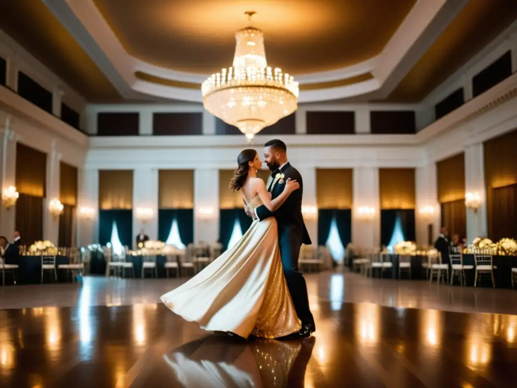 Una pareja baila elegantemente un vals en un salón, con movimientos sincronizados y giros gráciles