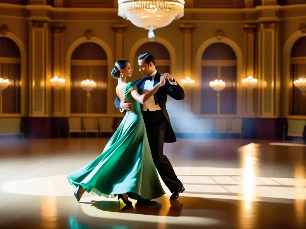 Una pareja bailando graciosamente un vals tradicional en un salón ornamentado, capturando la belleza atemporal de las danzas de salón