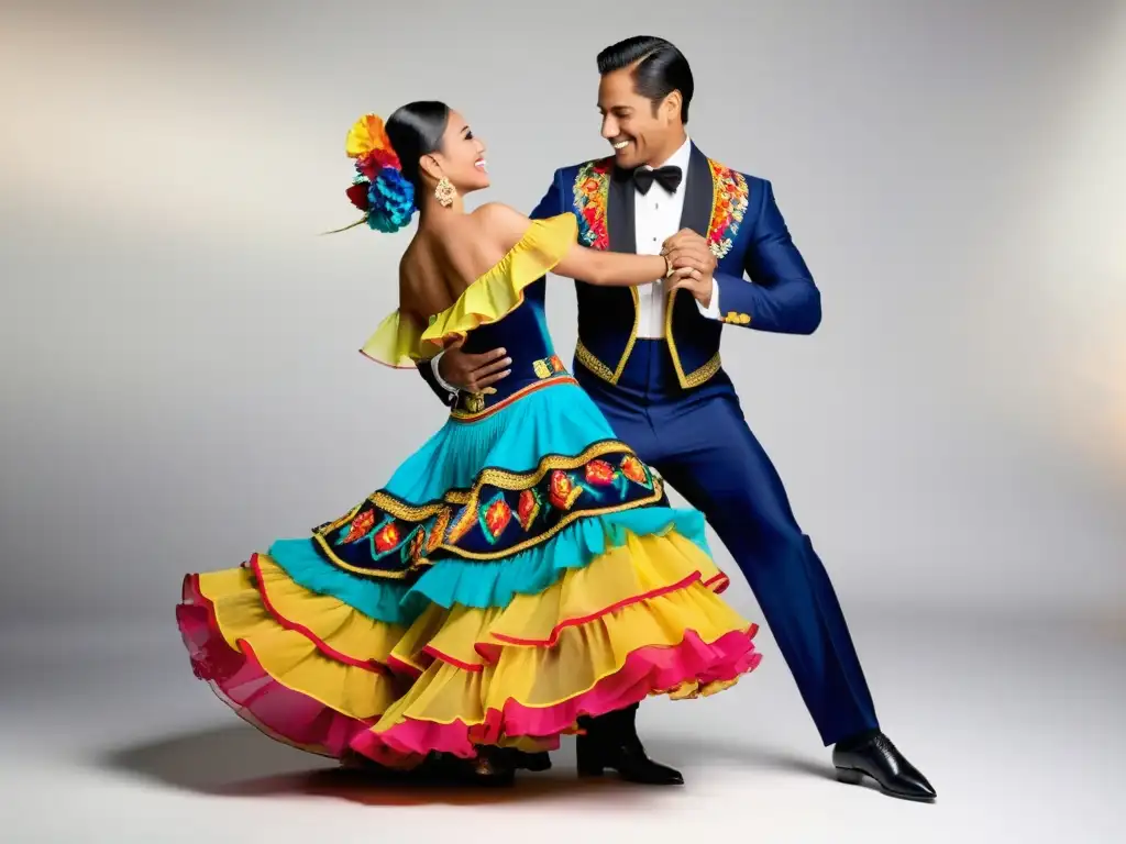 Una pareja elegantemente vestida baila con pasión en un entorno culturalmente rico