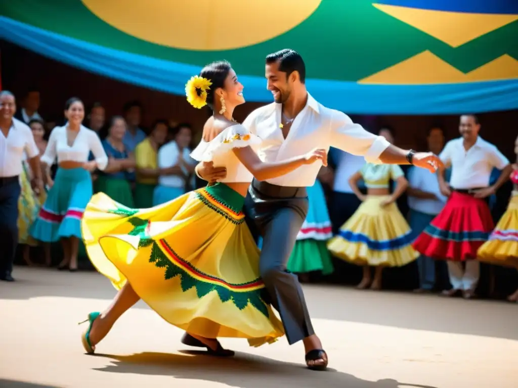 Baile de Xote Brasileño: Movimientos gráciles en festival vibrante Una pareja bailando el xote brasileño en un festival vibrante