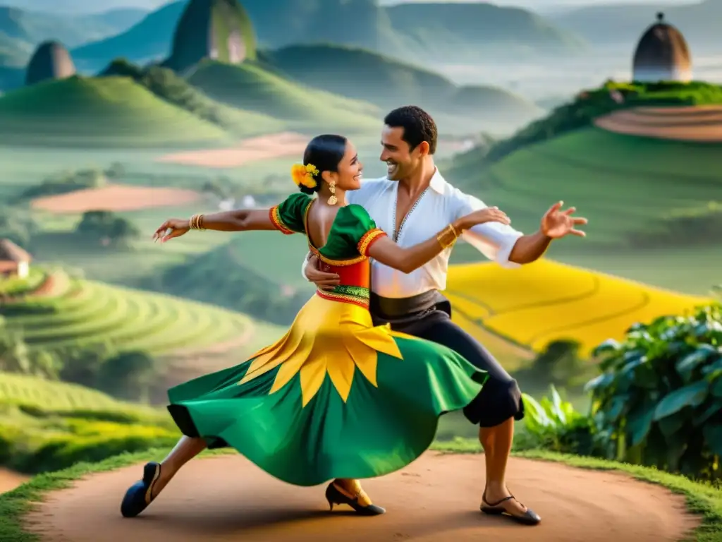 Xote: Pasión y Tradición en la Danza Brasileña Una pareja bailando el xote en un paisaje brasileño tradicional, muestra las características del xote brasileño con pasión y energía