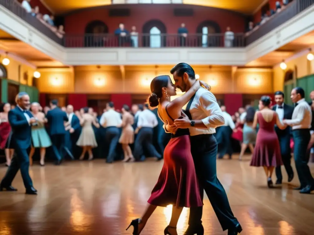 Milonga en Buenos Aires: parejas bailando apasionadamente bajo la cálida luz, capturando el significado cultural de la milonga en la actualidad