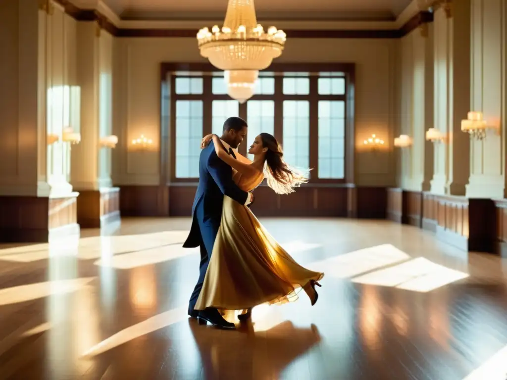 Parejas danzando en una elegante sala de baile, envueltos en un remolino de color y luz dorada