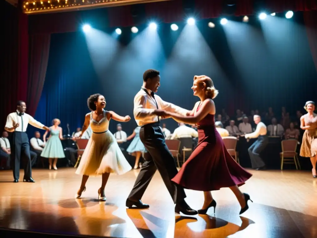 Parejas elegantes bailando Lindy Hop en un salón iluminado, capturando la energía del Festival Lindy Hop años dorados