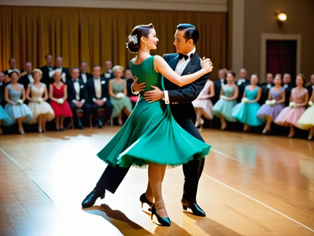 Parejas elegantes compiten en una pista de baile de salón de los años 50, mostrando la evolución de las danzas de salón