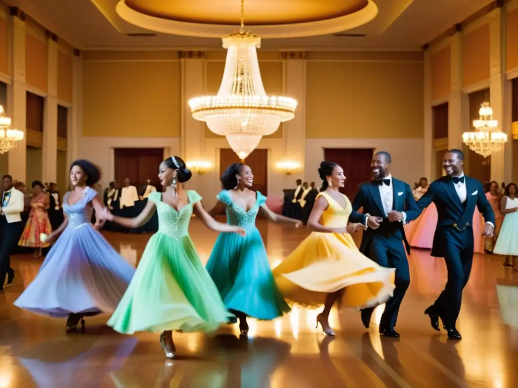 Parejas elegantes bailan la Quadrille en un salón de baile opulento al ritmo de la música caribeña, capturando la evolución de la Quadrille