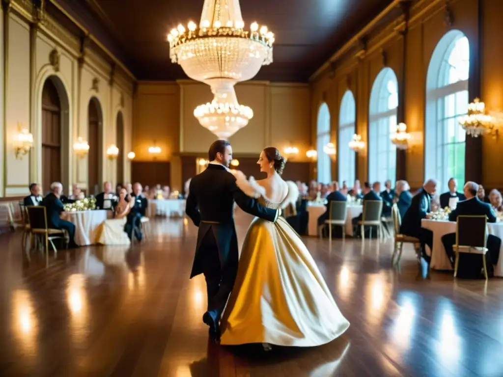 Parejas elegantes bailando en un salón de baile con lustres colgantes, reflejando la sofisticación del vals vienés