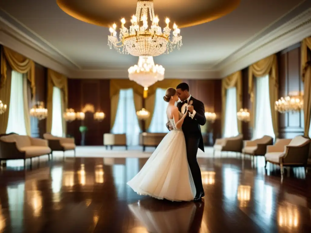 Parejas elegantes bailando vals en un salón de baile con un candelabro de cristal, reflejando romance y sofisticación