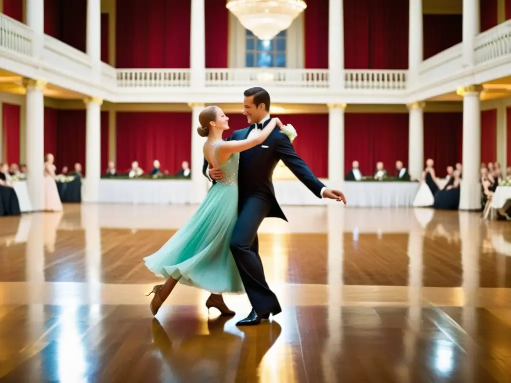 Parejas bailando con gracia en una competencia de baile de salón