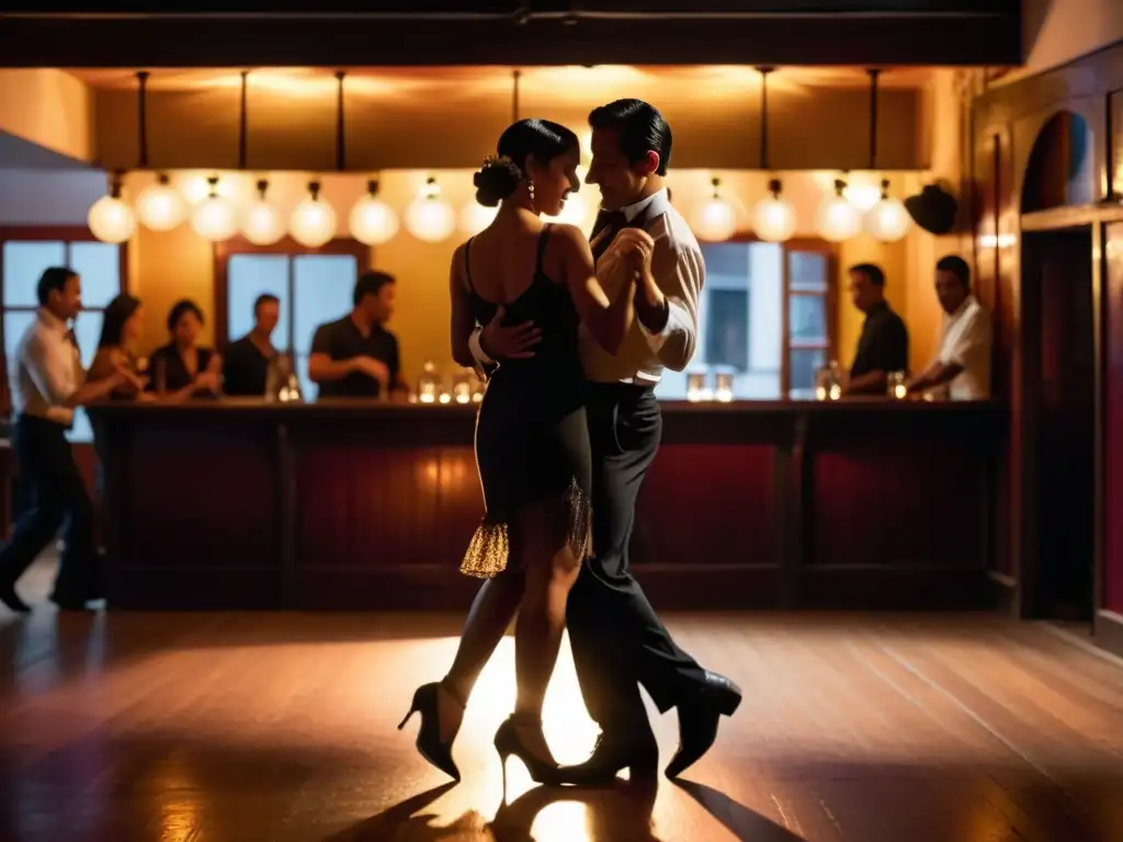 Parejas bailando apasionadamente en un íntimo bar de tango en Buenos Aires, con músicos y pasos de tango tradicionales