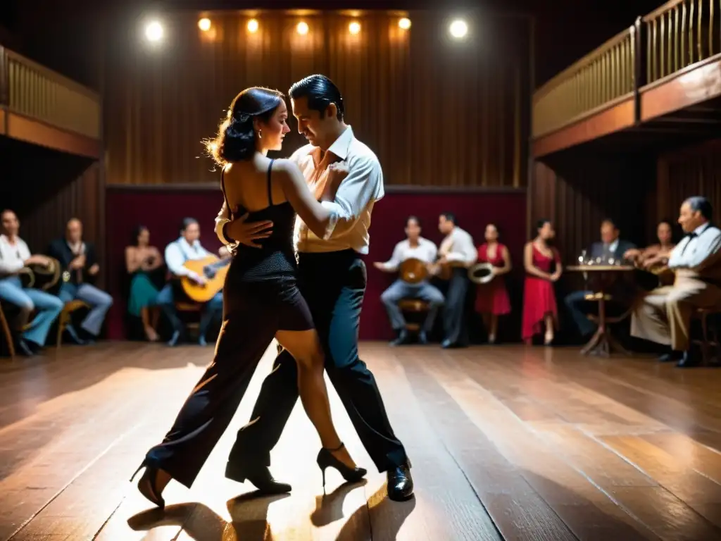 Parejas bailando con pasión en una milonga de Buenos Aires, reflejando el significado cultural de la milonga en una atmósfera romántica y nostálgica