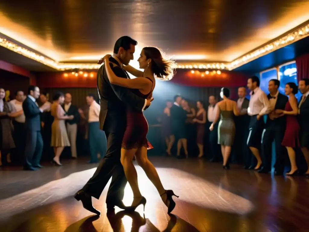 Parejas bailando pasos de tango tradicionales en un club de Buenos Aires, con una atmósfera apasionada y elegante