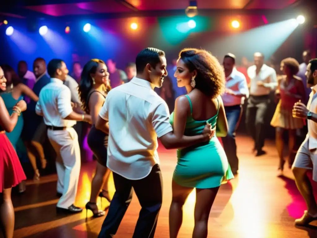 'Parejas bailando salsa en un club vibrante con influencias internacionales de la salsa, creando una atmósfera eléctrica y llena de energía