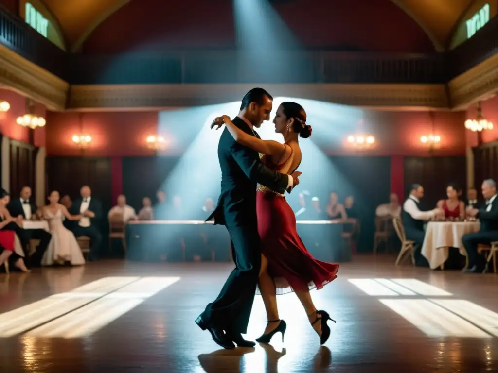 Parejas bailando el tango en Buenos Aires, exudando pasión y elegancia en un salón de baile tenue