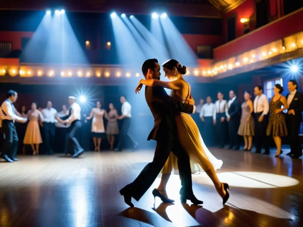 Parejas bailando tango argentino en una milonga de Buenos Aires, con influencias europeas, en un ambiente apasionado y culturalmente rico