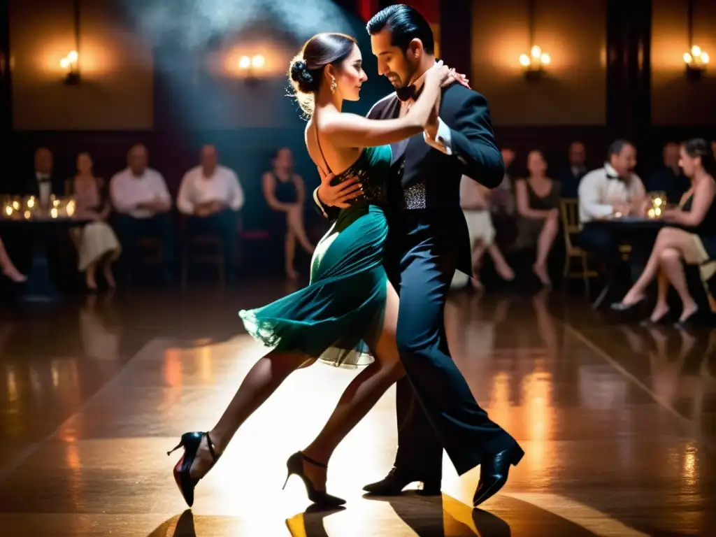 Parejas bailando tango argentino, vistiendo trajes tradicionales en una pista de baile iluminada