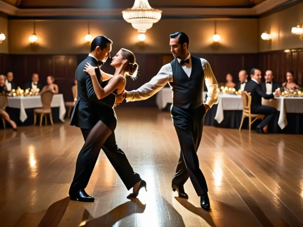 Parejas bailando tango en un elegante salón de baile, capturando el estilo íntimo del tango milonguero