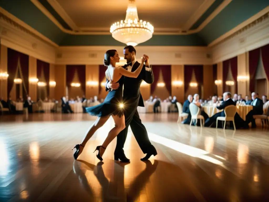 Parejas bailando el tango en un elegante salón de baile, transmitiendo pasión y precisión