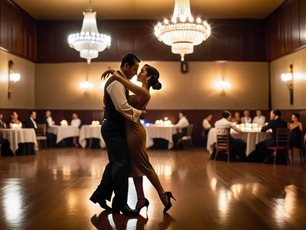 Parejas bailando tango en una íntima milonga iluminada por cálidos candelabros vintage