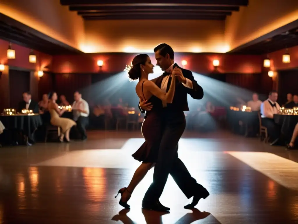 Parejas bailando tango en una milonga, con movimientos congelados en una larga exposición