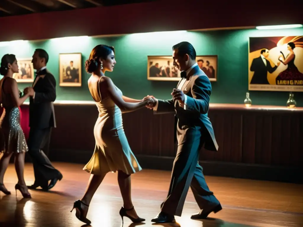 Parejas bailando tango con pasión en una milonga de Buenos Aires