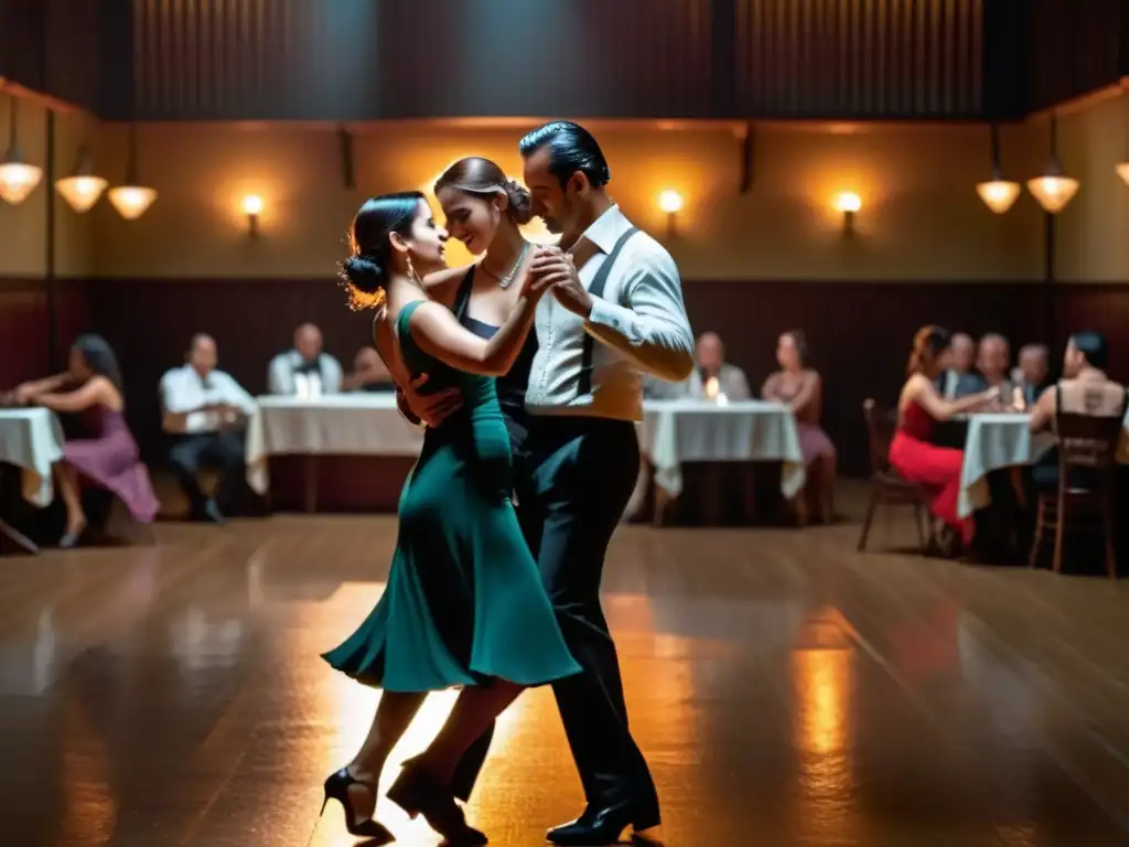 Parejas bailando tango en un salón tenue, capturando la esencia del significado cultural del tango tradicional con pasión y nostalgia