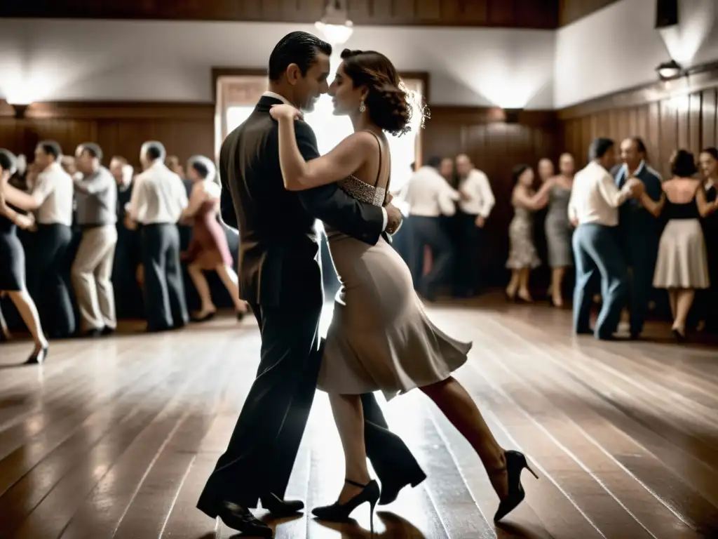 Parejas bailando apasionadamente en una tradicional milonga argentina