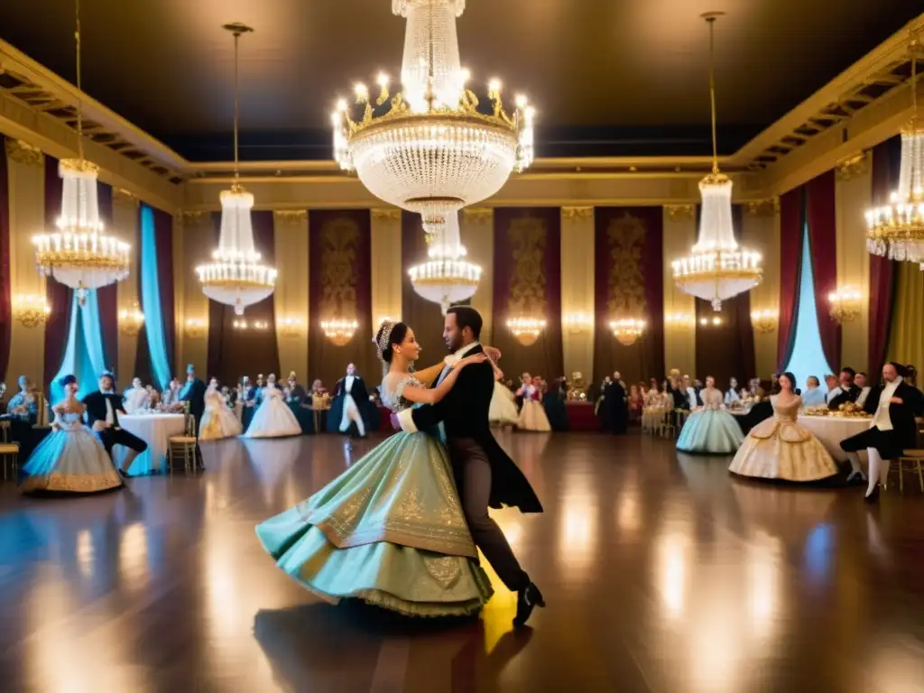 Parejas elegantemente vestidas danzan en un salón barroco, capturando la esencia de la influencia de la sarabanda y chacona en la música europea