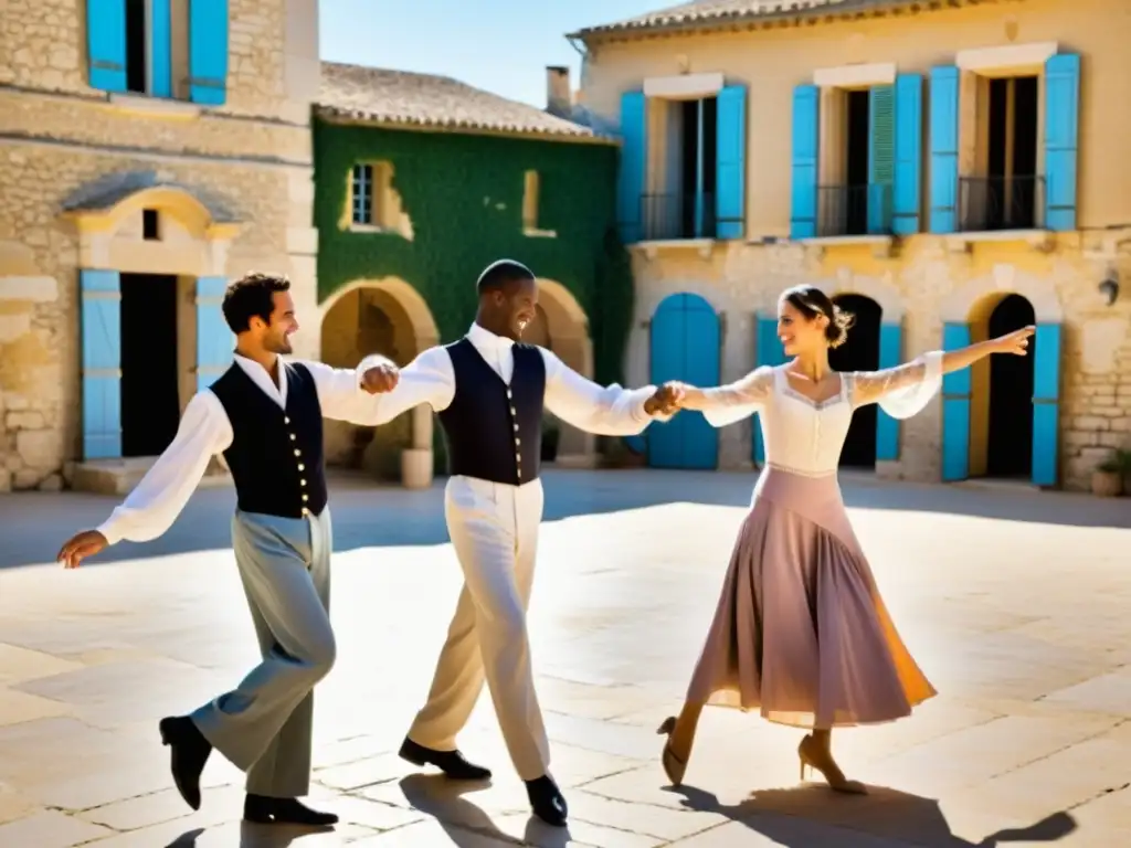 Parejas elegantemente vestidas bailando el tradicional Rigaudon en una plaza soleada de Provenza