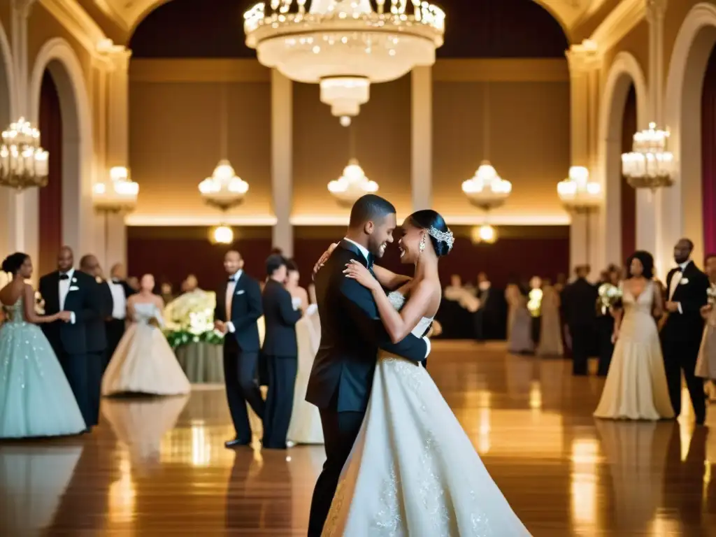 Parejas elegantemente vestidas bailando el vals vienés en un lujoso salón con una orquesta en vivo y candelabros opulentos