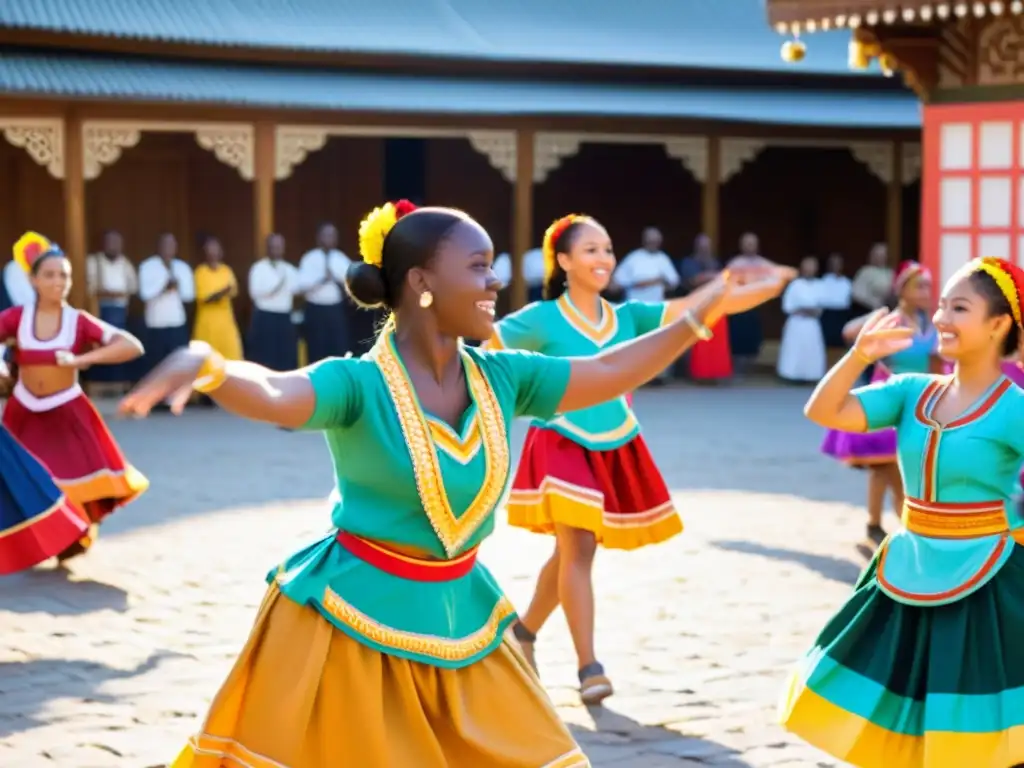 Participantes en un taller de danza tradicional en un festival, con trajes coloridos y prácticas de baile