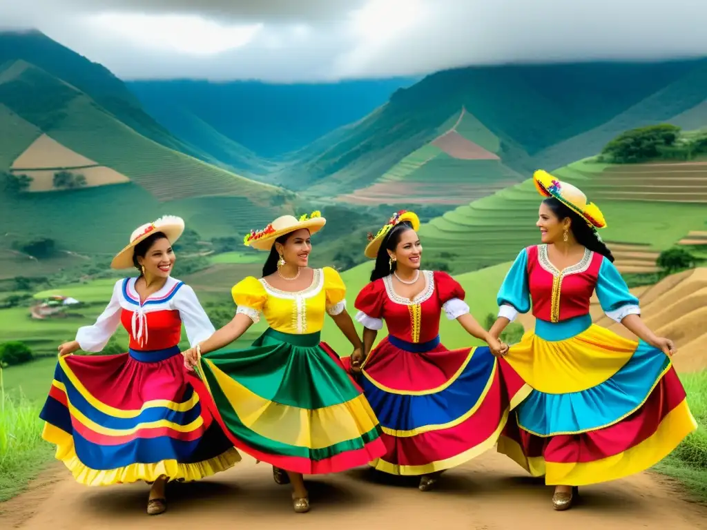Baile del Joropo: Pasión y tradición en Venezuela Pasos tradicionales del joropo venezolano: Grupo de bailarines vistosos ejecutan el baile del joropo en un entorno rural vibrante