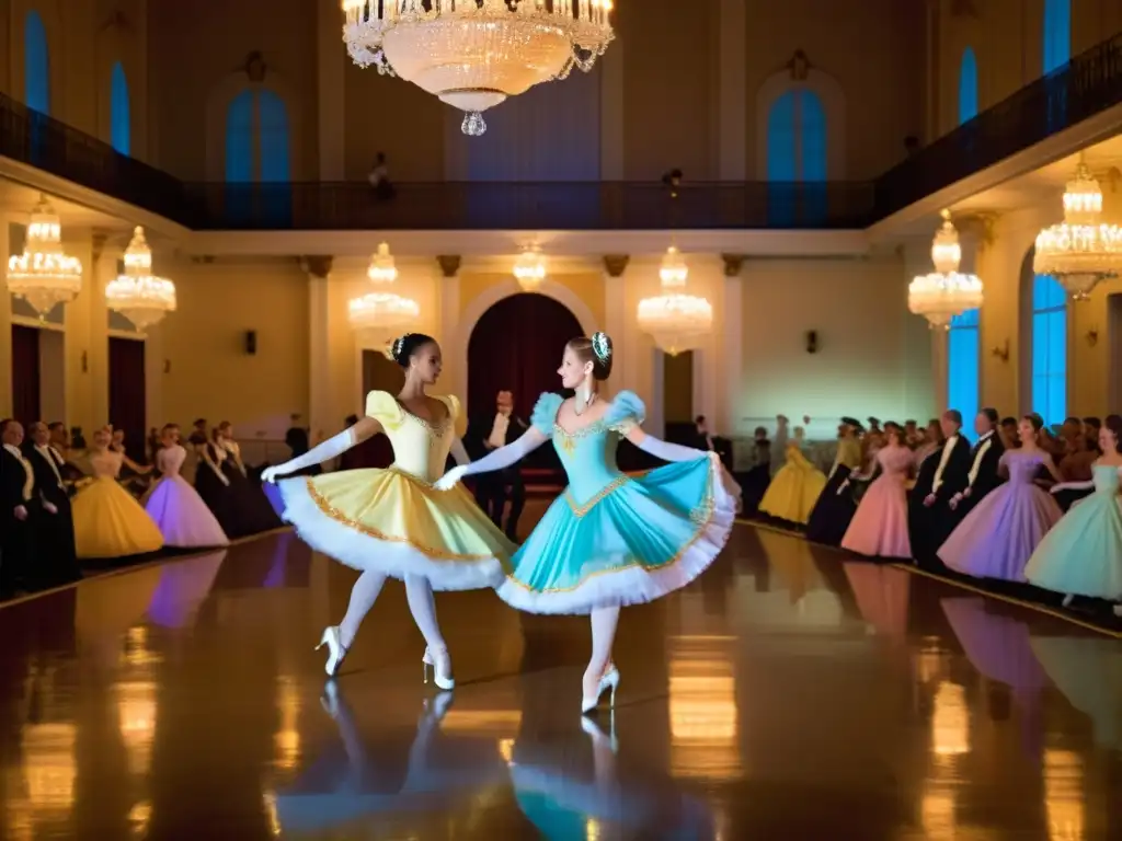 Patrones de coordinación en Quadrille Francesa: Elegantes bailarines ejecutan pasos precisos en un lujoso salón de baile, con trajes detallados y expresiones concentradas