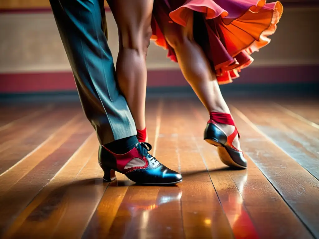 En la penumbra, dos bailarines de tango muestran pasión y destreza en sus movimientos