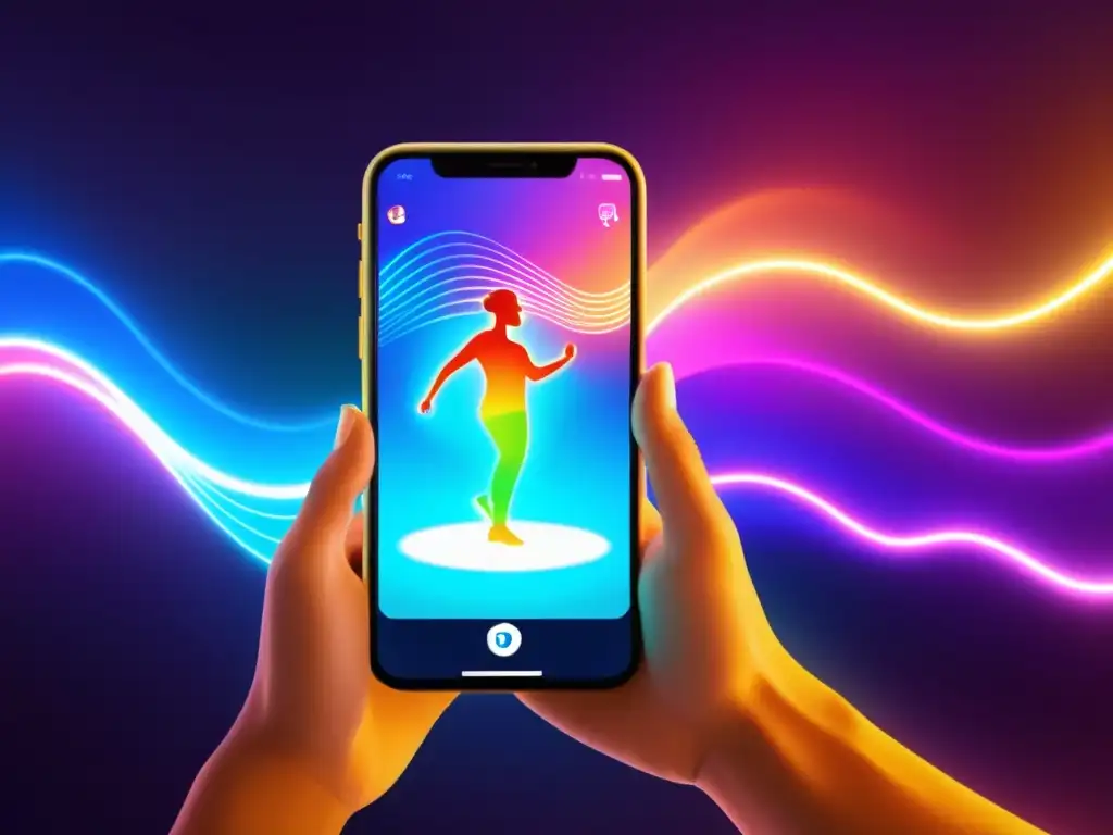 Persona usando una app de transformación musical en smartphone, con ondas de sonido coloridas que se convierten en movimientos de baile vibrantes y energéticos