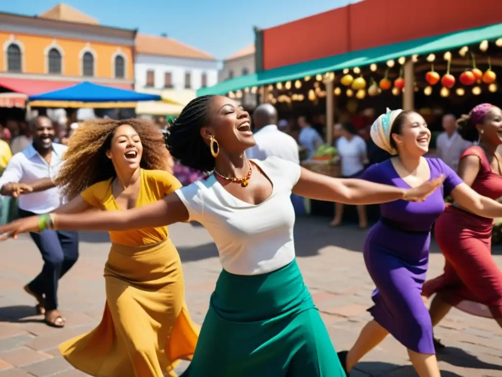 Personas bailando alegremente en un bullicioso mercado, rodeadas de frutas, verduras y especias