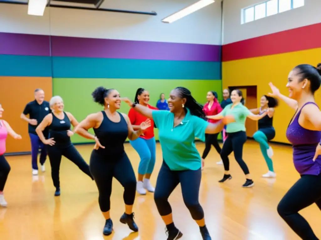 Personas disfrutan clase de baile latino para rehabilitación cardíaca con energía y alegría