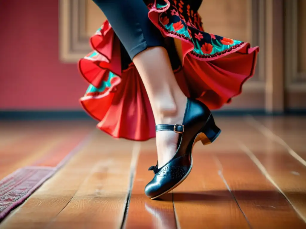 Los pies de un bailaor de flamenco ejecutan un complicado zapateado en un taller de baile flamenco técnica, mostrando fuerza y pasión