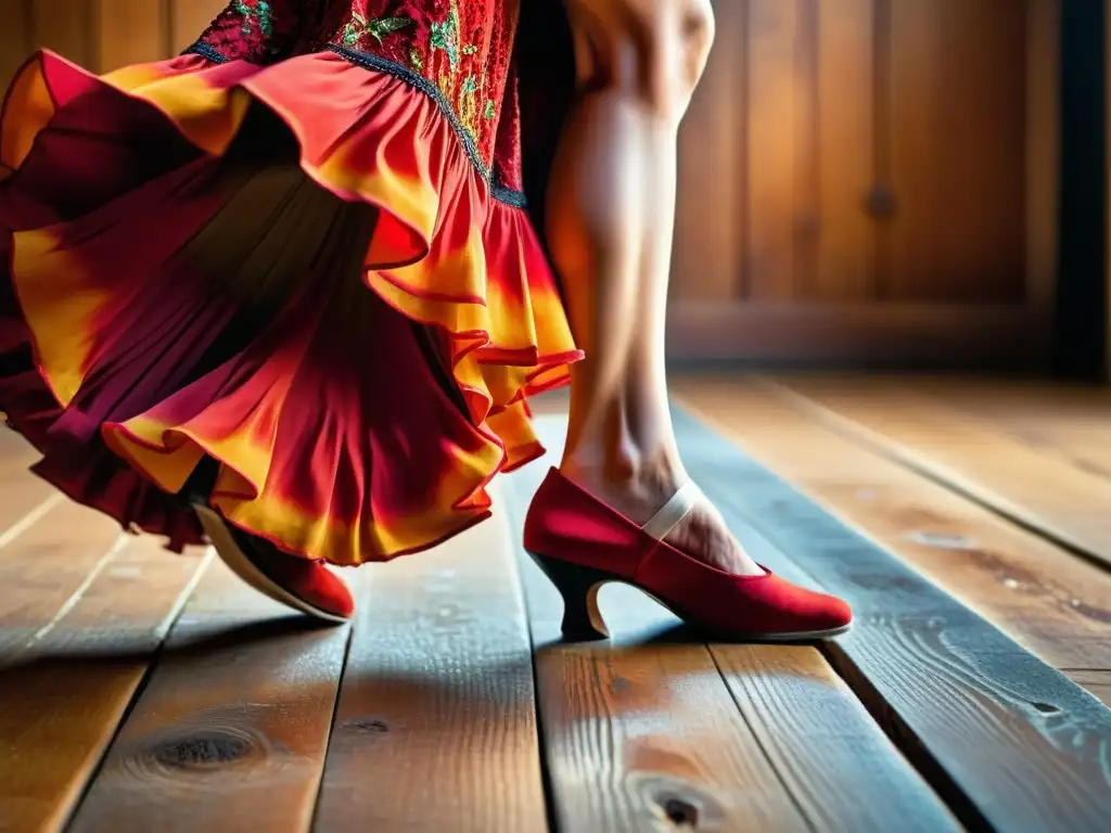 Los pies de una bailaora de flamenco danzan sobre el escenario de madera, transmitiendo la pasión y el ritmo del baile