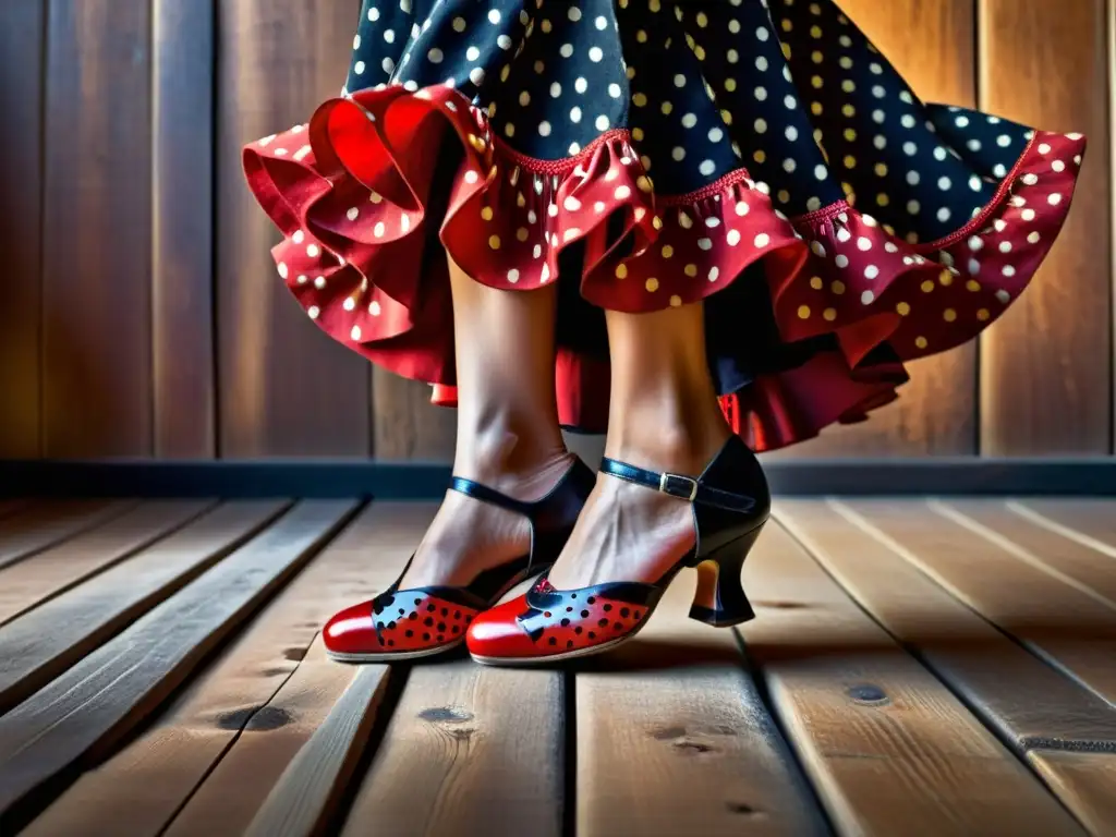 Los pies de una bailaora de flamenco con zapatos rojos y negros de lunares, marcando el ritmo en un escenario de madera