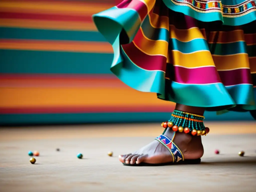 Los pies de un bailarín tradicional con cascabeles coloridos resaltan la fusión de danza tradicional y técnicas modernas música danza tradicional