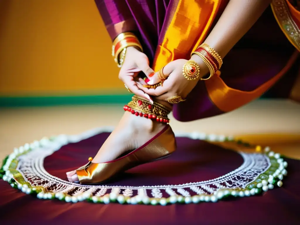 Los pies de una bailarina de Bharatanatyam con ghungroo y diseños de henna, expresan la gracia y precisión de esta danza tradicional India