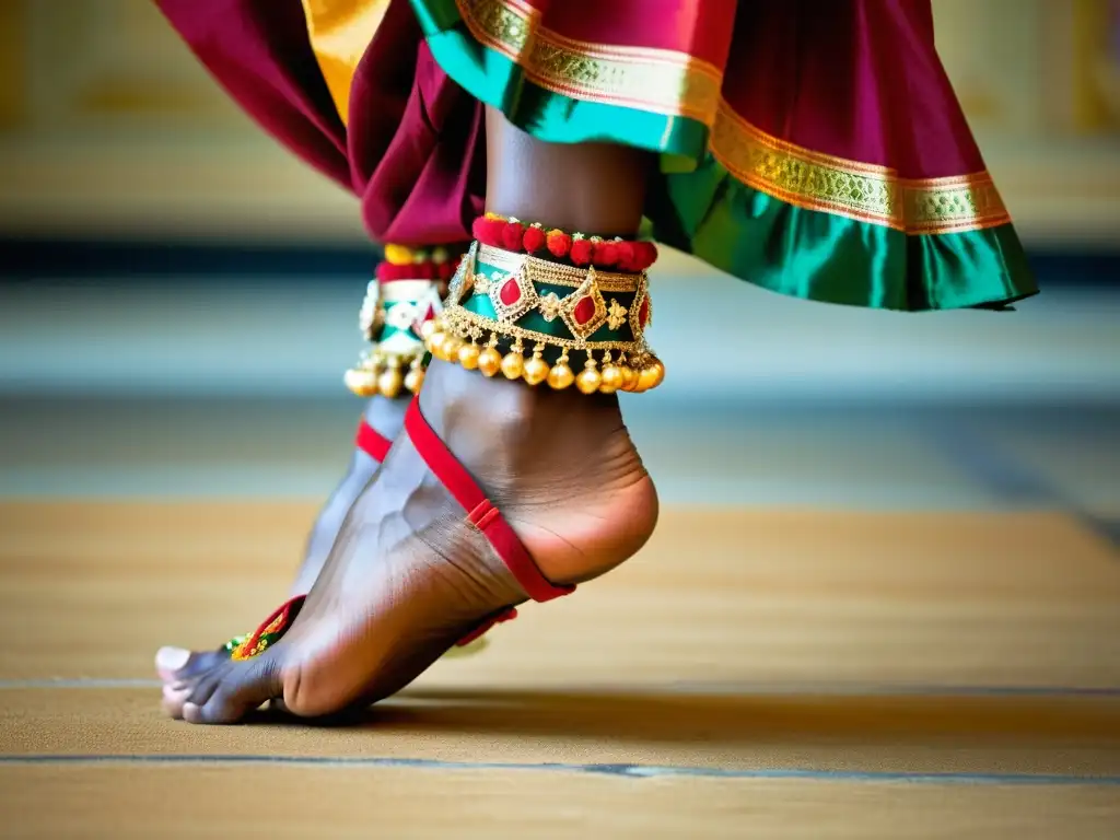 Los pies de una bailarina de Kuchipudi muestran la elegancia del vestuario tradicional de la danza india